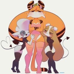 3girls blush breasts diives dou_(diives) erect_nipples erection leggings nipples tagme tail xingzuo_temple