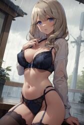 ai_generated blonde_hair blue_bra blue_eyes blue_panties blue_underwear breasts classroom_of_the_elite clothing female female_only large_breasts outdoors outside raining tsubaki_sakurako