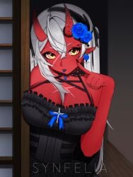 akumi big_breasts female horns oni oni_horns red_skin scars virtual_youtuber vyugen white_hair yellow_eyes