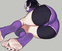 1girls 2026 2d 2d_(artwork) ass bare_thighs big_ass big_butt black_hair black_nails butt clothed clothing color colored digital_media_(artwork) feet female female_only grey_background hi_res hololive hololive_english hololive_english_-advent- light-skinned_female light_skin looking_at_viewer multicolored_hair shiori_novella simple_background solo thick_thighs thighs virtual_youtuber vtuber vulva_line white_hair yellow_eyes