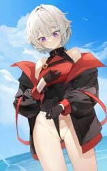 absurdres bare_shoulders bird black_jacket blush breasts character_request chukibabo2 cloud copyright_request female frontal_wedgie highres jacket looking_down ocean pointy_ears purple_eyes pussy_juice red_shirt shirt short_hair sky small_breasts solo white_hair