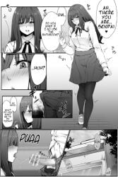 1boy 1girls 7koma bangs blunt_bangs blush boner boner_in_pants breasts bulge english_text female have_to_pee imminent_fellatio kokomachi long_hair mole mole_under_mouth open_mouth original pantyhose penis pubic_hair saliva saliva_trail school_uniform skirt speech_bubble tongue tongue_out