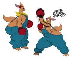 ass bow boxing_gloves breasts cara_(sssonic2) female huge_ass kangaroo motion_lines overalls sssonic2 thick_thighs wide_hips