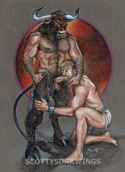 anthro balls bara bovine chained chains daddy erection fictional_interracial forced gay hairy hooves horn human male male/male male_on_male male_only minotaur nose_ring nude oral penis scottysdrawings slave