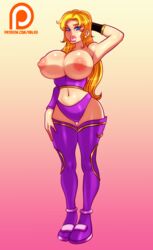 big_breasts blonde_hair blue_eyes breasts breasts_out deliza dragon_master_(arcade) earrings female female_only hand_behind_head hand_in_hair lipstick long_hair midriff nipples pink_lipstick purple_legwear purple_panties raldu thighhigh_boots top_pull