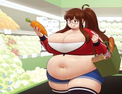 1girls amber_eyes bbw belly better_with_salt big_belly breasts brown_hair carrot fat female huge_breasts overweight overweight_female plump redraw shopping skindentation thick_thighs thighs