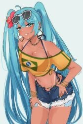 1girls 2024 artist_name blue_eyes blue_hair bracelet brazil brazilian brazilian_female brazilian_miku breasts cleavage ear_piercing earrings female female_only flag flag_clothing flower hair_flower hair_ornament hatsune_miku large_breasts latin_american_hatsune_miku_(meme) long_fingernails long_hair looking_at_viewer nail_polish navel navel_piercing necklace plain_background serafineart1001 shirt short_shorts shorts solo sunglasses sunglasses_on_head tan tan-skinned_female tan_skin tanline thong twintails very_long_hair vocaloid watermark white_background