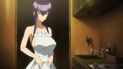 1girls 2d 2d_animation animated apron bare_shoulders big_breasts blue_eyes bouncing_breasts breast_grab breast_lift breasts casual collarbone dark_blue_hair female female_focus female_only flou highres highschool_of_the_dead huge_breasts human kitchen large_ass large_breasts long_hair looking_at_viewer looking_down naked_apron nipple_bulge nipples nipples_visible_through_clothing oolay-tiger outerwear pale_skin saeko_busujima seductive shiny_skin shorter_than_10_seconds shorter_than_30_seconds sideboob solo solo_female sound standing video voluptuous