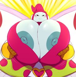 1girls areola areola_slip bbw big_breasts blush bouncing_breasts breast_press breasts breasts_out_of_clothes busty butterfly_wings cleavage cute dragon_ball dragon_ball_super female gigantic_breasts heart holding_breast holding_breasts huge_areolae huge_breasts hyper hyper_breasts looking_at_viewer naughty_face nipple_slip nipples overweight overweight_female pale_skin puffy_nipples ribrianne scary shiny_skin sketch smile sssonic2 voluptuous wings yellow_gloves