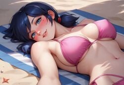 1girls ai_generated beach beach_towel belly belly_button big_breasts bikini blue_eyes breasts clothed dark_hair female golddragonai hair hips hourglass_figure looking_at_viewer marinette_cheng marinette_dupain-cheng midriff miraculous_ladybug navel on_back outdoors outside solo stomach swimsuit thin_waist twintails