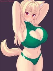 armpits arms_up blonde_hair catgirl cleavage cleavage_cutout heart_cutout panties sports_bra tail tiffy tiffynyaa