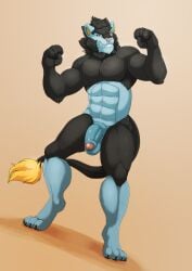 4_toes 5_fingers abs anthro balls barazoku black_body black_claws black_fur black_pawpads blue_body blue_fur cheek_tuft chin_tuft claws digitigrade dutch_angle ears_back facial_tuft feet finger_claws fingers fist flaccid flexing flexing_bicep flexing_both_biceps fur furryratchet generation_4_pokemon genitals head_tuft hi_res humanoid_genitalia humanoid_penis low-angle_view luxray male mane markings multicolored_body multicolored_fur muscular muscular_anthro muscular_male neck_tuft nintendo nude pawpads paws pecs penis pink_nose pivoted_ears pokemon pokemon_(species) red_sclera shaded simple_background smile solo standing tail tail_tuft teeth toe_claws toes toothy_smile tuft two_tone_body two_tone_fur yarxul yellow_eyes yellow_markings yellow_tail_tuft