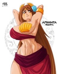 1girls alvarikokearte aphrodite artist_logo artist_name athena big_breasts breasts brown_hair cleavage collarbone deity english_text european_mythology goddess greek_mythology large_breasts mythology public_domain red_eyes revealing_clothes smile