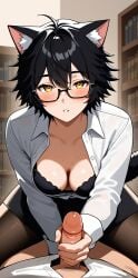 ai_generated bankonit black_hair blush bookshelf bra cat_ears catgirl cleavage collared_shirt down_blouse freckles freckles_on_breasts freckles_on_chest freckles_on_face glasses handjob librarian library long_sleeves medium_breasts open_shirt original_character penis penis_in_hand shirt skirt stable_diffusion tail thighhighs unbuttoned_shirt yellow_eyes