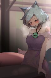 1futa animal_ears arm_support bare_shoulders blue_hair blurry blurry_background blush breasts breath censored clothed clothing commentary_request dog_ears erection female futa_only futanari gomeifuku grey_hair highres huge_cock humanoid humanoid_penis indoors jewelry kemonomimi large_penis light-skinned_futanari light_skin looking_down medium_breasts mitsugashira_enoko mosaic_censoring mostly_clothed nervous_smile off-shoulder_shirt off_shoulder parted_lips pendant penis pink_skirt purple_shirt red_eyes shirt short_hair skirt smile solo sweatdrop table touhou