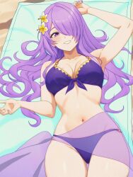 alternate_costume breasts camilla_(fire_emblem) camilla_(summer)_(fire_emblem) female female_only fire_emblem fire_emblem_fates fire_emblem_heroes goromochan hair_over_one_eye looking_at_viewer nintendo official_alternate_costume purple_bikini purple_swimsuit solo swimsuit