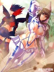 2girls blue_eyes breasts dark_hair female female_only huge_breasts junketsu kill_la_kill kiryuuin_satsuki large_breasts matoi_ryuuko multiple_girls nipples penpen_(artist) penpenartist senketsu thick_thighs thighs wide_hips