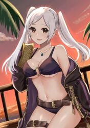 alternate_costume belt belt_buckle bikini black_bikini black_robe black_swimsuit breasts brown_belt brown_eyes buckle cleavage closed_mouth cloud female female_only fire_emblem fire_emblem_awakening fire_emblem_heroes highres long_hair looking_at_viewer medium_breasts navel nintendo off_shoulder official_alternate_costume open_clothes open_mouth open_robe orange_sky otokajife outdoors palm_tree robe robin_(female)_(fire_emblem) robin_(female)_(summer)_(fire_emblem) robin_(fire_emblem) robin_(fire_emblem)_(female) sitting sky sleeves_past_fingers sleeves_past_wrists smile solo stomach sunset swept_bangs swimsuit tree twintails twitter_username white_hair