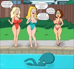 american_dad bikini blonde_hair brown_hair cameltoe dialogue dialogue_box erect_nipples family_guy francine_smith glasses lana_lockhart meg_griffin octopus sexfightfun smile smiley_face swimming_pool swimsuit tentacle threesome yuri zoophilia