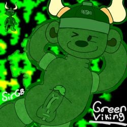 bear_(game) cock green_background green_body green_fur green_helmet green_nose green_penis greenviking_(bear) helmet penis viking_helmet