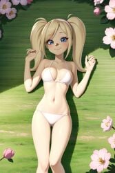 ai_generated barboskiny blonde_hair blue_eyes bra canine flowers furry laying_on_ground long_hair panties roza small_breasts smiling tagme underwear