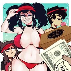 3girls big_breasts bikini black_hair blue_eyes boss_(gats) braces breasts brown_hair cash_money_(gats) cleavage closed_eyes disembodied_hand female female_focus female_only gats looking_at_another mole_under_mouth money multiple_girls nipples original original_character original_characters partially_visible_nipples pizza pizza_thot red_bikini short_hair size_difference thick_thighs thighs tips_(gats) twintails visor_cap wink