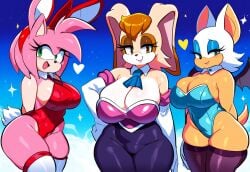 3girls ai_generated amy_rose bat chiropteran furry furry_only hedgehog hedgehog_humanoid large_breasts mature_female milf mullon novelai playboy_bunny rabbit rabbit_girl rouge_the_bat rouge_the_bat_(cosplay) sega smile sonic_(series) sonic_the_hedgehog_(series) thick_thighs trio vanilla_the_rabbit