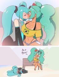 2girls asking_for_more ass asymmetrical_docking bench big_ass big_breasts big_thighs blush brazil brazilian brazilian_female brazilian_miku breast_size_difference breasts butt chibi cleavage clonecest comic covering_face cyan_eyes cyan_hair embarrassed_female english_text female female_only fetal_position flat_chest full_body full_face_blush hatsune_miku hearts_around_head huge_breasts kiss kissing large_breasts latin_american_hatsune_miku_(meme) lesbian_kiss light-skinned_female long_hair looking_at_viewer multiple_girls nub_feet self_love selfcest shirt shorts smile square_crossover sunglasses_on_head surprise_kiss tan tan_body text thick_hips thick_thighs thighs thong twintails vocaloid wholesome yellow_shirt yuri zedrin