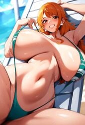 ai_due ai_generated bare_legs beach female female_only gigantic_breasts huge_breasts huge_thighs light-skinned_female light_skin long_hair massive_breasts nami nami_(one_piece) one_piece orange_eyes orange_hair pawg shounen_jump sling_bikini slingshot_swimsuit solo_female squatting sweat sweatdrop swimsuit thick_body thick_female thick_thighs thighs thighs_bigger_than_head voluptuous voluptuous_female