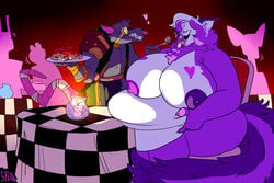 anthro belly big_belly big_breasts breasts canine eating female huge_breasts husky hyper hyper_breasts league_of_legends mammal momma_jerbear overweight rat riot_games rodent sweatpants sweatpants_(artist) thick_thighs twitch_(lol) video_games voluptuous