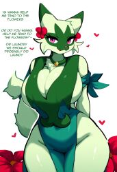 accessory ai_generated anthro anthrofied big_breasts breasts cleavage clothed clothing curvy_figure dress female floragato flower fur generation_5_pokemon green_body green_fur heart hellsonger hi_res huge_breasts looking_at_viewer mammal necklace nintendo plant pokemon pokemon_(species) pokemorph seductive simple_background solo text thick_thighs voluptuous white_background wide_hips