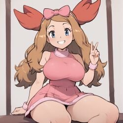 ai_generated blue_eyes bow brown_hair fake_animal_ears hairbow large_breasts long_hair pink_dress pokemon serena_(pokemon) smile stable_diffusion thick_thighs