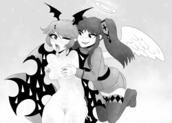 angel angel_wings annoyed bat_wings black_and_white breast_grab cranber demon fully_clothed funamusea halo nude rigatona succubus sweat the_gray_garden yuri