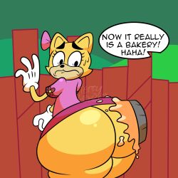 ass cat_girl female food looking_back pie rubberhose speech_bubble terrylewds thick toontown_corporate_clash toontown_online yellow_fur