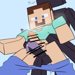 blocky_body blush enderman erect_penis gay homosexual minecraft pants_down penis_on_penis picked_up precum_drip size_difference steve_(minecraft)