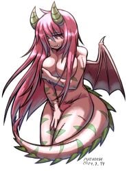 1girls covering covering_breasts dragon_horns dragon_tail dragon_wings hairy_pussy horns humanoid long_hair matadede_good megurine_luka monster_girl naked naked_female no_visible_genitalia pink_hair red_eyes scar vocaloid