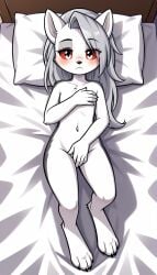 1girls 2024 ai_generated anthro canine covering covering_chest covering_crotch digitigrade female female_only grey_fur hellhound helluva_boss hi_res laying_down laying_on_back laying_on_bed long_hair loona_(helluva_boss) nude nude_female on_back on_bed red_sclera silver_eyes silver_hair white_fur young