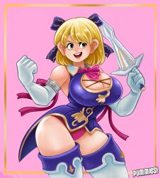 1girls 2023 armwear big_breasts blonde_hair cassandra_alexandra cleavage_cutout female female_only hi_res legwear looking_at_viewer pink_background pummies smiling smiling_at_viewer solo soul_calibur soul_calibur_iv sword thick_thighs wide_hips yellow_eyes