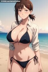 ai_generated aindroidparanoid ass beach big_breasts bikini breasts brown_eyes brown_hair cameltoe chainsaw_man curvy curvy_figure female female_only higashiyama_kobeni hips huge_breasts kobeni_higashiyama navel nervous nipples open_mouth outdoors ponytail scared shirt short_hair stable_diffusion sweatdrop swimsuit thick_thighs wide_hips