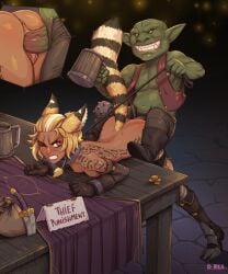 1boy alcohol ass beer boots breasts d-rex dark-skinned_female dark_skin female goblin highres interspecies leash mounting navel nipples original penis planted planted_sword pointy_ears pussy rape sex short_hair straight sword table teeth uncensored vaginal_penetration weapon