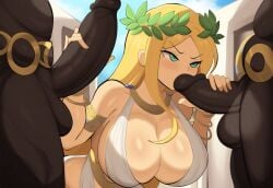 2024 2boys 2boys1girl 2d 2d_(artwork) ai_generated aphrodite aphrodite_(greek_mythology) big_breasts blonde_hair blowjob curvaceous curvy dark-skinned_male dark_skin day deity divine_slut european_mythology fellatio female goddess greek_clothes greek_female greek_mythology harem huge_breasts interracial light-skinned_female light_skin long_blonde_hair mullon muscular_male mythology novelai oral oral_penetration oral_sex public_domain sex wide_hips