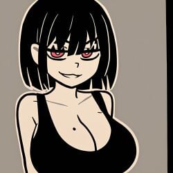 1girls ai_generated big_breasts black_hair black_tank_top busty female female_only half-closed_eyes huge_breasts large_breasts mole_on_breast oc original_character red_eyes shorts smile smiling smiling_at_viewer tank_top the_coffin_of_andy_and_leyley yodayo