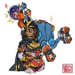 2d 2girls absurdres ass black_cape black_hair blizzard_entertainment blonde_hair blue_bodysuit bodysuit boots brown_eyes cape carrying carrying_over_shoulder carrying_person commentary dark-skinned_female dark_skin embarrassed english_commentary gloves hand_on_own_hip helmet highres illari_(overwatch) illari_quispe_ruiz juno_(overwatch) long_hair looking_at_another looking_back medium_hair multicolored_hair multiple_girls nekitoototo overwatch overwatch_2 peruvian_female pink_hair purple_hair simple_background space_helmet streaked_hair teo_minh white_background white_footwear yuri