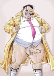 1boy balls body_hair boner cigar daichi_akimichi erection facial_hair fat fat_man male male_only master_detective_archives:_rain_code obese obese_male overweight overweight_male pantsless penis penis_piercing sock_garters solo solo_male swank_catsonell