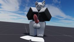 1boy 3d balls baseplate bink_(binkedinked) binkedinked feline furry furry_only gay glasses grey_fur hat hoodie knot penis penis_out roblox robloxian solo tagme underwear_removed