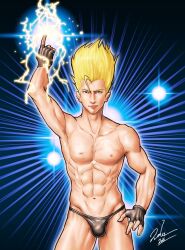 1boy 2016 abs benimaru_nikaido black_thong blonde_hair bulge dated electricity gay king_of_fighters male male_only muscular nipples sauvage7 shirtless signature skinny snk solo thong video_games yaoi
