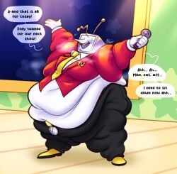 1boy antennae belt black_pants breathing_heavily breathing_noises clothed clothing crt deltarune deltarune_chapter_3 english english_dialogue english_text fat fat_belly fat_fetish gloves heavy_breathing male microphone morbidly_obese onstage red_blazer rolls_of_fat suit suit_and_tie sweat sweating sweaty sweaty_body tenna_(deltarune) tight_clothes tight_clothing tv tv_head white_dress_shirt white_gloves yellow_shoes yellow_tie