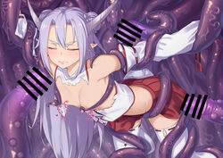 ambiguous_penetration armpits arms_up bangs bar_censor blush braid breasts censored clenched_teeth closed_eyes crop_top double_bun female grey_hair hair_between_eyes hakama_skirt horns ibuki_notsu nipple_tweak nipples nontraditional_miko original penis_tentacles petite pleated_skirt pointy_ears red_skirt ribbon-trimmed_legwear ribbon-trimmed_sleeves ribbon_trim sidelocks skirt small_breasts solo speech_bubble teeth tentacle tentacles_under_clothes thick_eyebrows thighhighs torn_clothes tsurime white_legwear