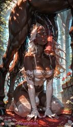 abs ai_generated bestiality_marriage black_skin blue_eyes bride bulge bulge_through_clothing dark-skinned_female dark-skinned_futa dark_skin dickgirl elden_ring elden_ring_nightreign female flaccid flaccid_penis futa_focus futanari horse horse_penis horsecock intersex long_hair manofmidas penis penis_on_face recluse_(nightreign) white_areola white_eyebrows white_glans white_hair white_lingerie white_nipples white_sleeves white_thighhighs zoophilia
