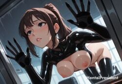 against_glass ai_generated areolae bangs black_legwear black_thighhighs blush bodysuit breasts breasts_on_glass breasts_out breasts_out_of_clothes breasts_press female female female_only hentaipresident indoors large_breasts latex latex_clothing latex_gloves latex_legwear latex_suit legwear lips long_hair medium_breasts nipples no_bra no_panties nopan nude nude_female original parted_lips ponytail shiny_clothes shiny_skin skin_tight skindentation solo uncensored window